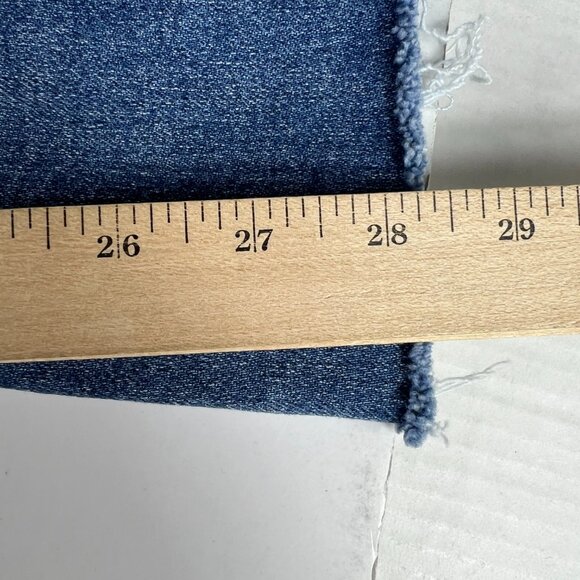 Risen Jeans Women 30x28* High Rise Flare Blue Faded Stretch Raw Hem Denim Tag 29 - Picture 12 of 16